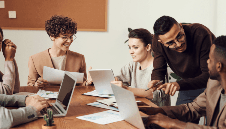 Colleagues collaborating around a table