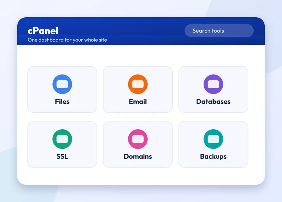 A cPanel dashboard with tiles for files, email, databases, SSL, domains and backups