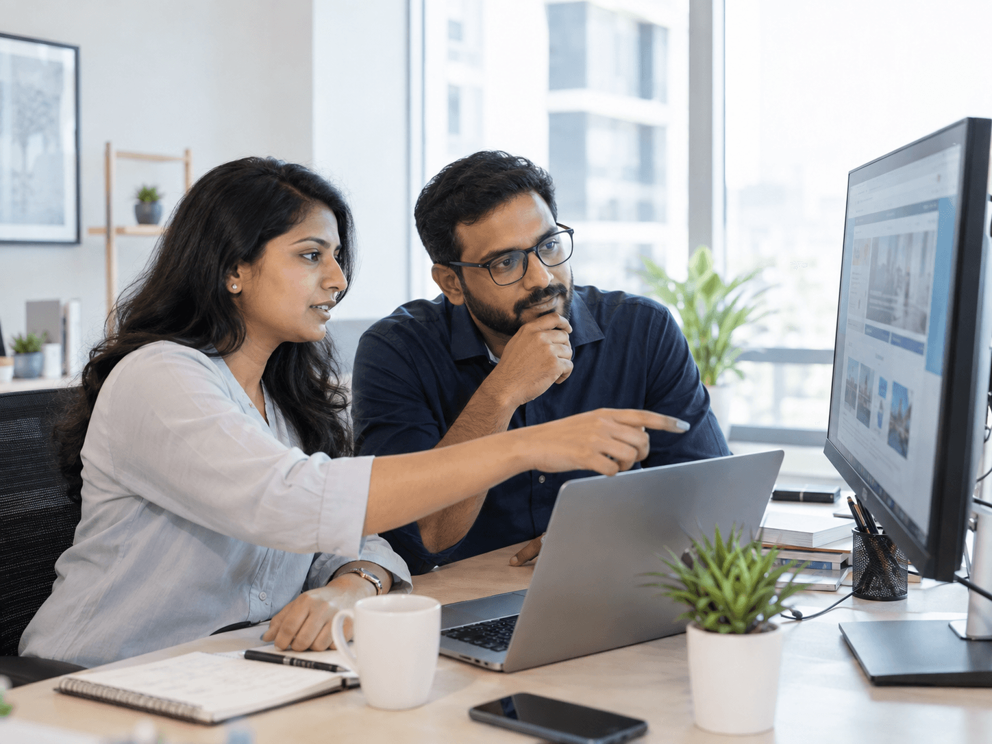 Technology consultant discussing a website with a business owner