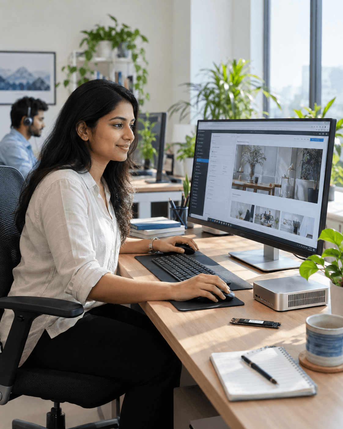 Web developer managing a website with a support colleague in a bright office