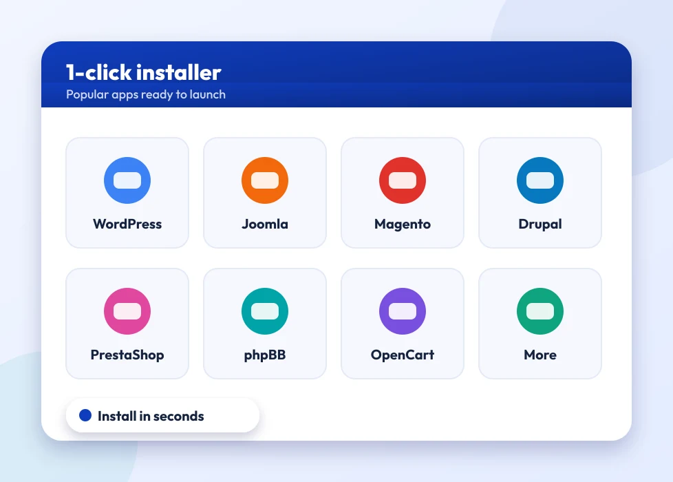 A grid of one-click installable apps including WordPress