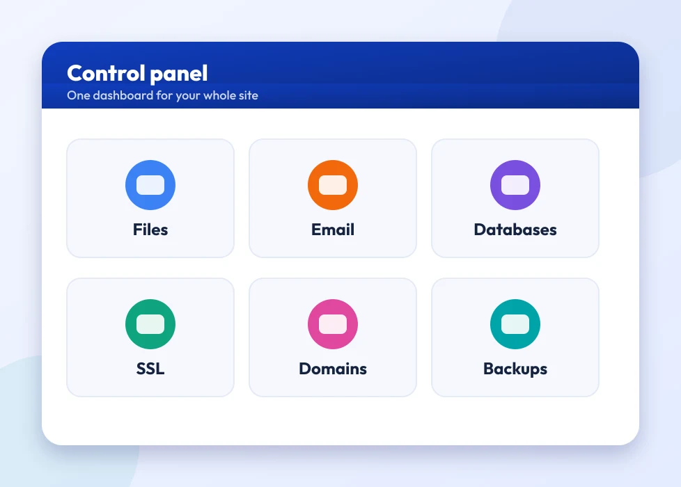 A control panel dashboard with tiles for the main hosting tools